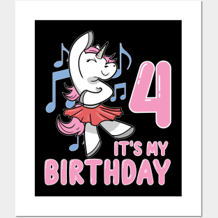 Fourth 4th Unicorn Ballerina Children's Birthday Posters and Art